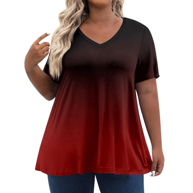 fatyb Hauts Grande Taille pour Femmes Col en V Manches Courtes T-Shirts Décontractés Tunique Ample d'Été pour Femmes