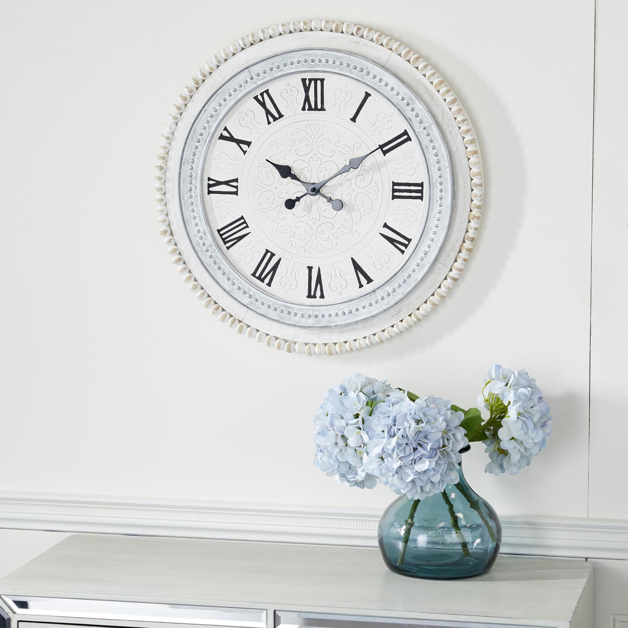 DecMode 22" White Wood Scroll Carved Beading Wall Clock