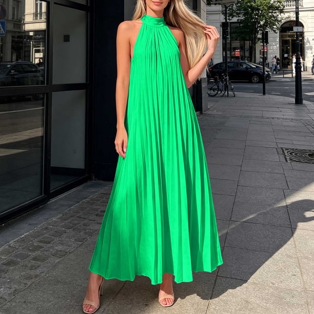 Women High Neck Sleeveless Dress BseitkotWomen High Neck Sleeveless Pleated A-Line Loose Casual Solid Color Maxi Dress Green L
