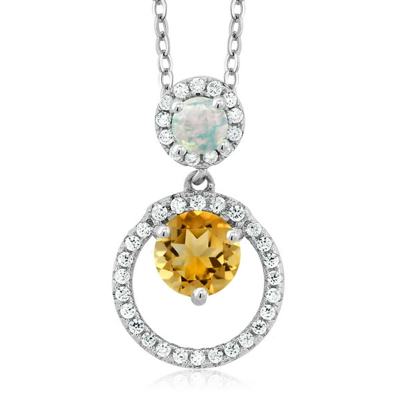 Gem Stone King 925 Sterling Silver Yellow Citrine and White Simulated Opal Pendant Necklace for Women (1.65 Cttw, Gemstone November Birthstone, Round 6MM and 4MM)