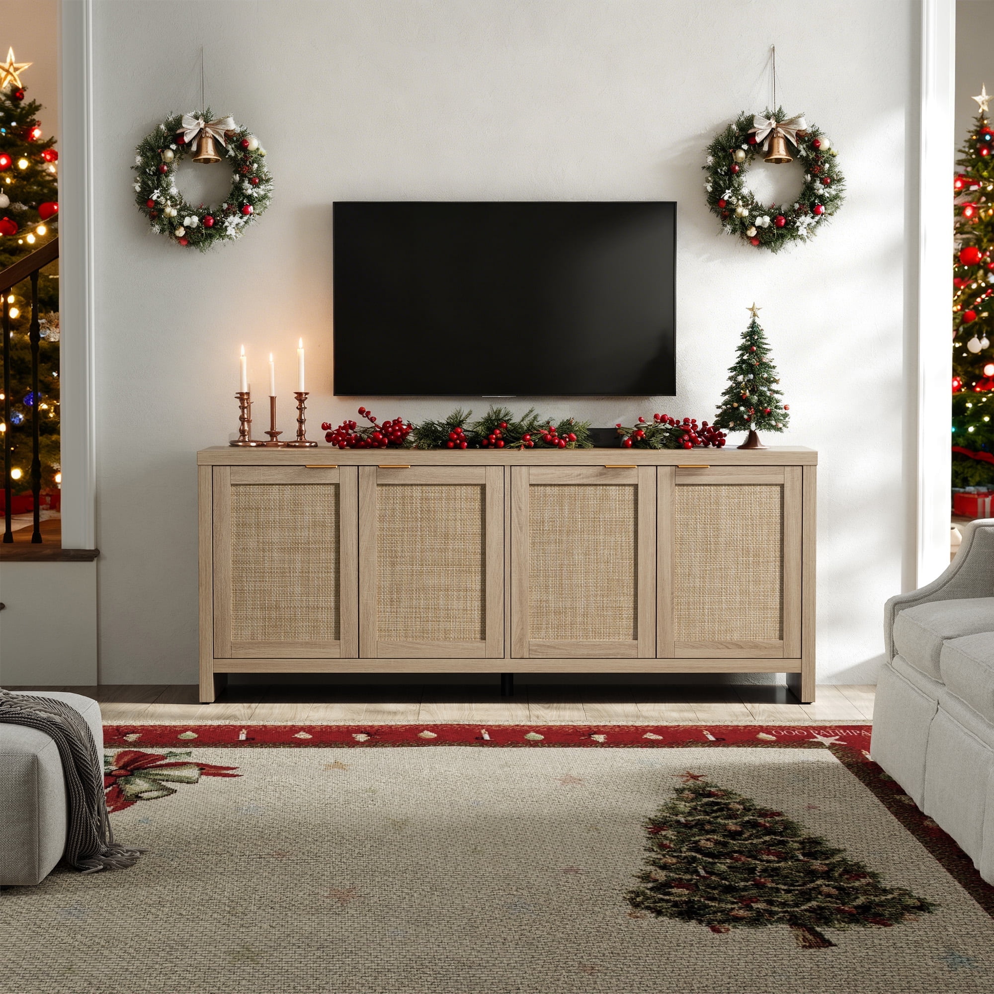 SICOTAS 61.5"W Rattan TV Stand with 4 Doors– Large Boho TV Cabinet Media Console with Adjustable Shelves & 4 Rattan Doors for 45/50/55/60/65 Inch Television , Reclaimed Light Oak