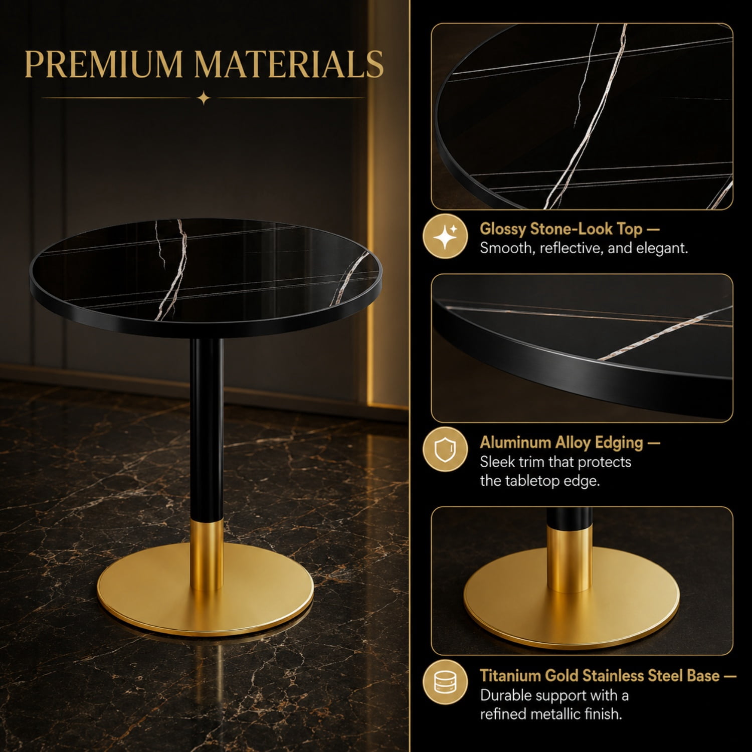 Miniyam 31.5 in. Round Tulip Dining Table for 2-4, Glossy Stone-Look Pedestal Table for Kitchen or Small Spaces, Black&Gold