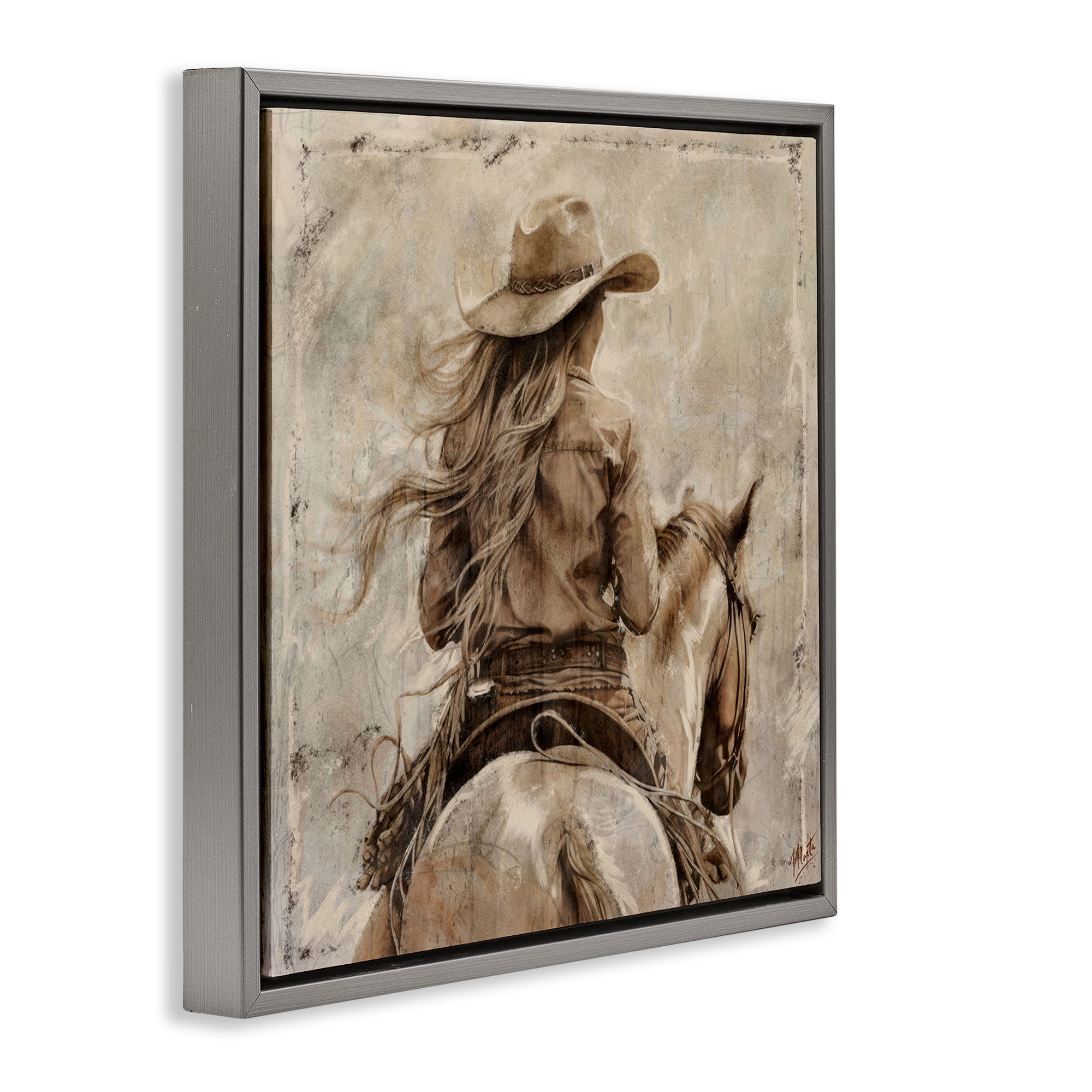 Stupell Industries Windblown Cowgirl on Horseback Gray Framed Floater Canvas Wall Art, design by Marta Wiley