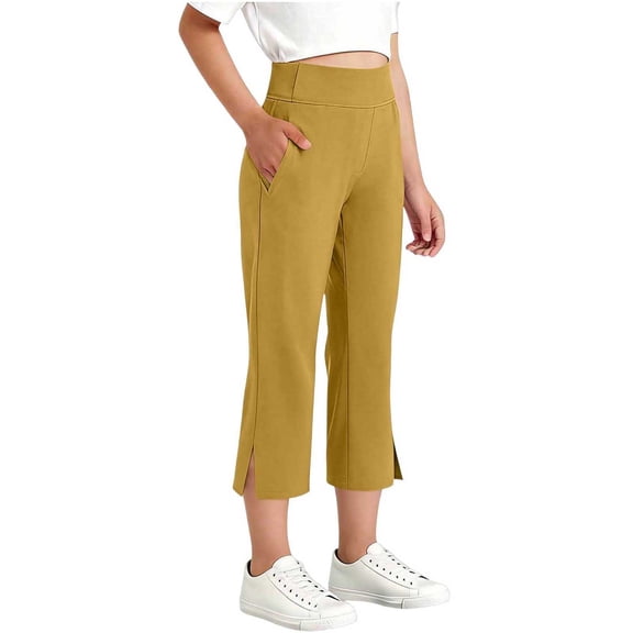 Posijego Girls Capri Pants School Uniform Casual Dress Capris Pants High Waist Stretch Athletic Yoga Pants with Pockets