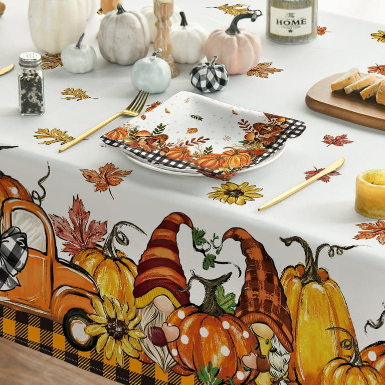 Autumn Harvest Tablecloth 60x84 Inches - Thanksgiving Orange Sunflower Pumpkin Print, Polyester Rectangular Table Cover