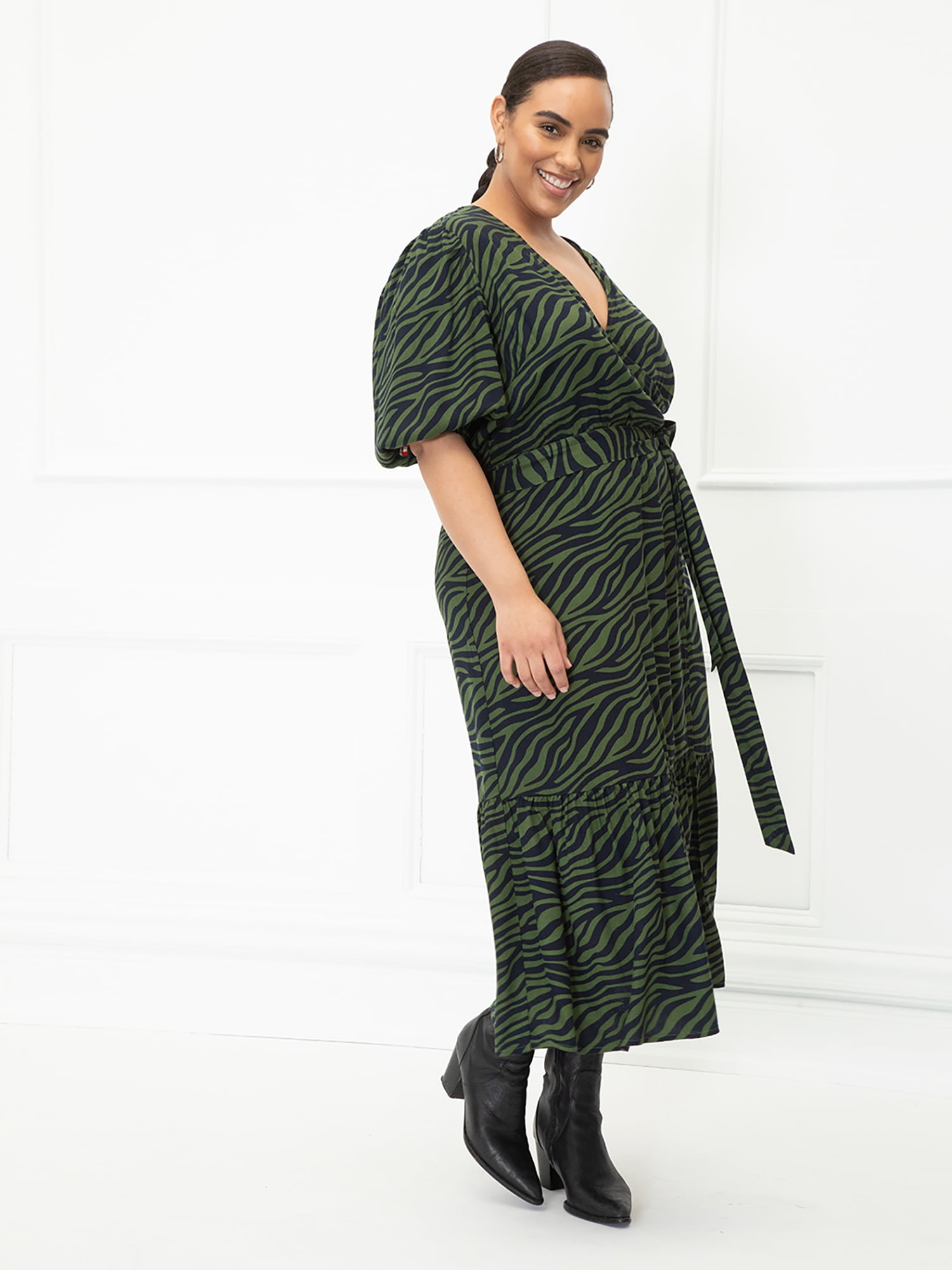ELOQUII Elements Women's Plus Size Zebra Print Midi Wrap Dress with Puff  Sleeves - Walmart.com