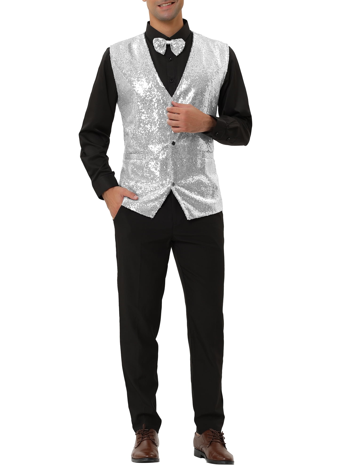 Unique Bargains Men's Disco Shiny Sequin Vest Suit Waistcoat Set with Bow Tie L Silver