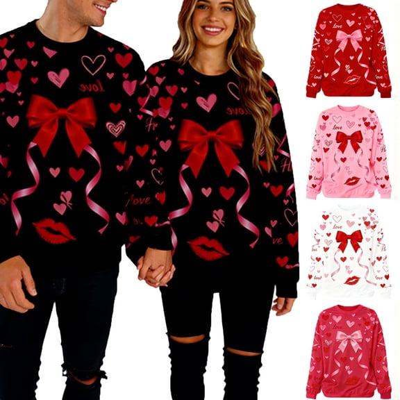 Xdegoge Matching Couple Sweatshirt for Valentine's Day Sweet Fashion Bow Prints Pullovers Casual Loose Lightweight Sweatshirts Stylish Sweet Holiday Top