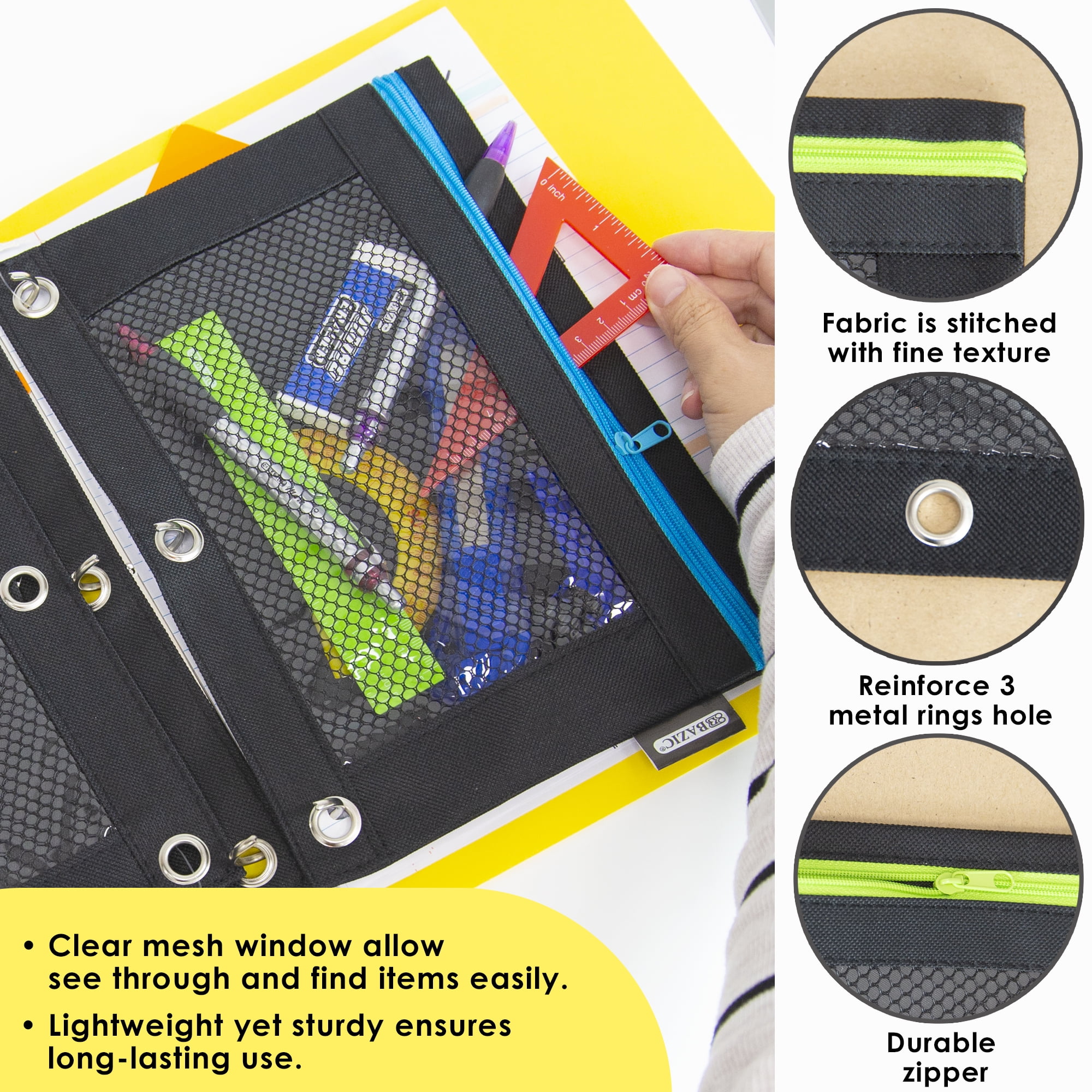BAZIC 3 Ring Pencil Pouch, Mesh Window, Neon Black Color, 144-Pack