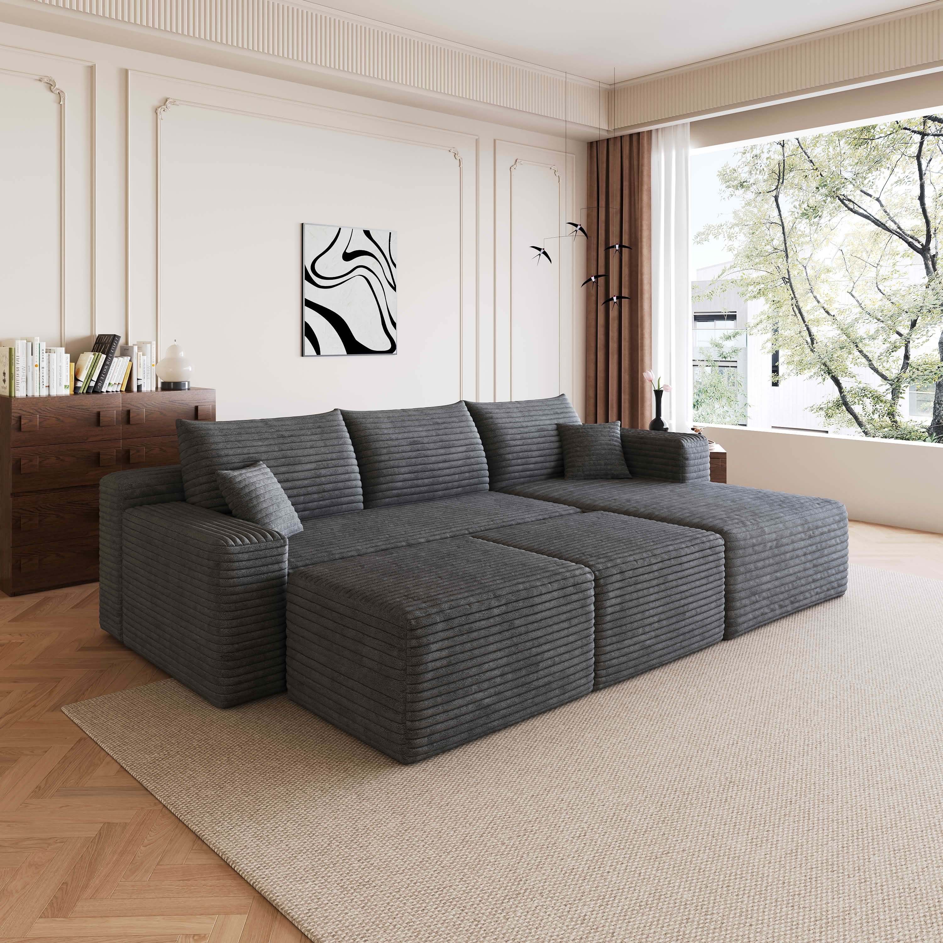 MAYEERTY 95 Inch U‑Shaped Cloud Sectional Sofa with 2 Ottomans, Modern Deep‑Seat Corner Couch, Plush Corduroy Reversible Sofa, No‑Assembly for Living Room Bedroom Apartment