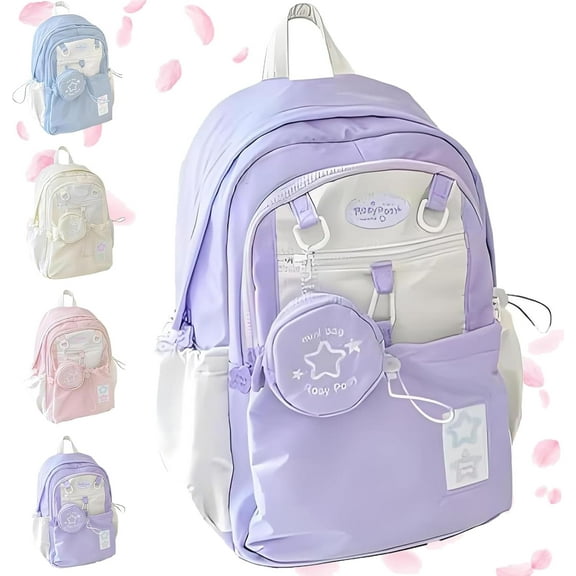 Rosy Posy Backpack, Cream Star Drawstring Large Capacity Schoolbag, Waterproof Cute Kawaii Backpack with Removable Pouch for College