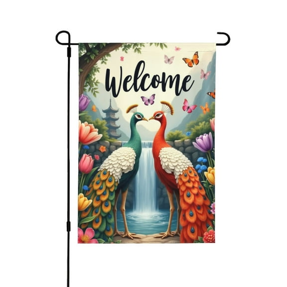 Welcome Garden Flag Double Sided Peacock Waterfall Floral Design 12x18 Inch Outdoor Yard Decor Spring Summer House Flag
