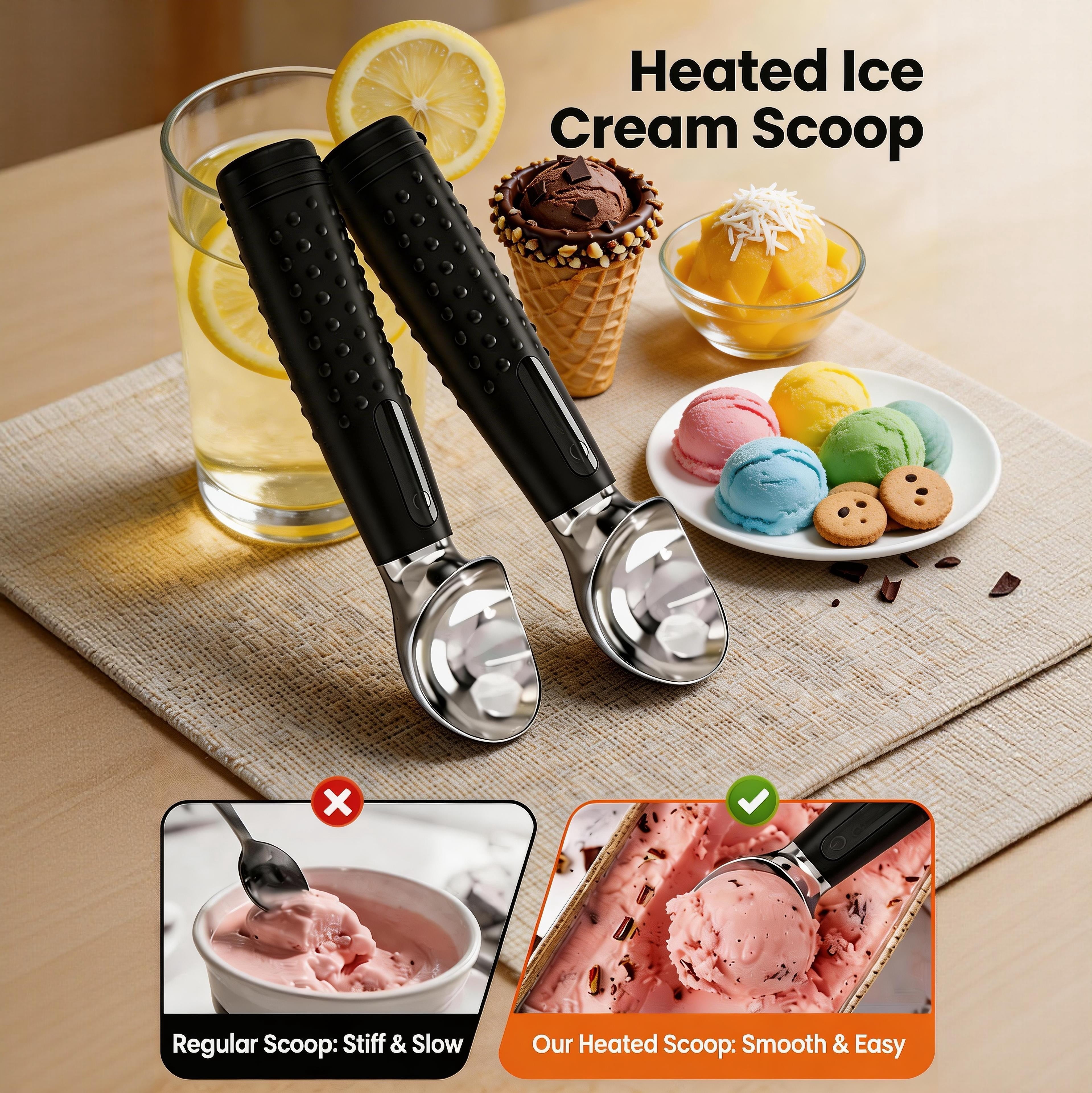 Electric Heated Ice Cream Scoop, Fast Heating, Rechargeable with LED Monitor, Waterproof Stainless Steel Metal Ice Cream Scoop with USB-C Charging