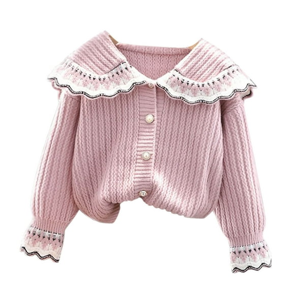 Odeerbi Kids Girls Knit Cardigan Sweater Fall Winter Thermal Sweater 1-8 Years Patchwork Lapel Sweater Loose Button Long Sleeve Cardigan Kids Clothes Pink