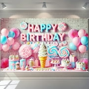 Candyland-Themed Happy Birthday Banner, Polyester Backdrop with Ice Cream, Donuts & Sweet Treats, for Birthday Party Decorations, Cartoon Candy Party Supplies