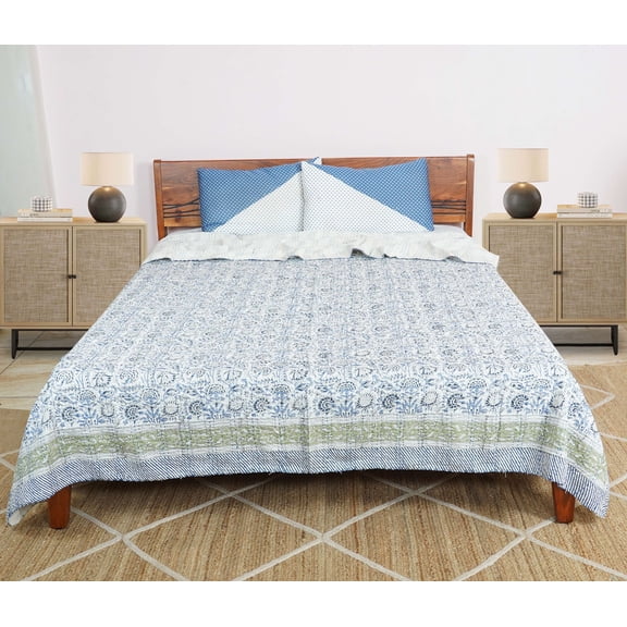Dhaka International Blue Block Printed Cotton Bedspread, Single / Twin - Lightweight, Reversible, All Seasons