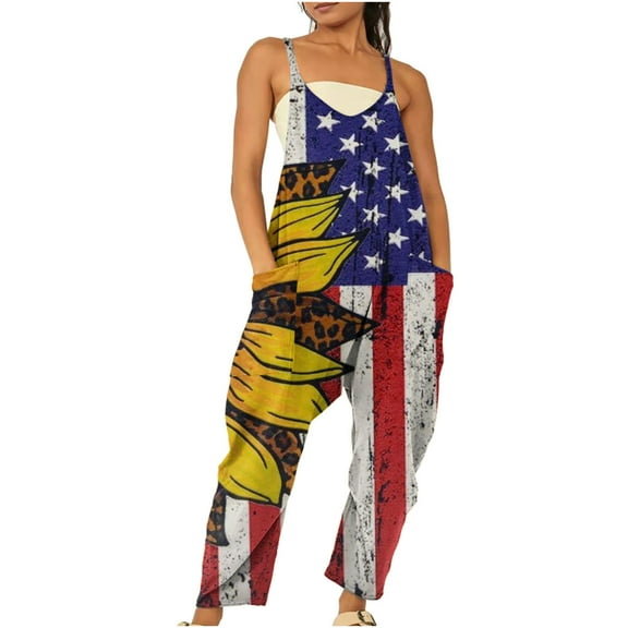 Edvintorg 4Th Of July Pachwork Jumpsuit for Womens Oversized Sleeveless Jumpsuits Spaghetti Strap Loose Overalls with Pocket One Piece Rompers