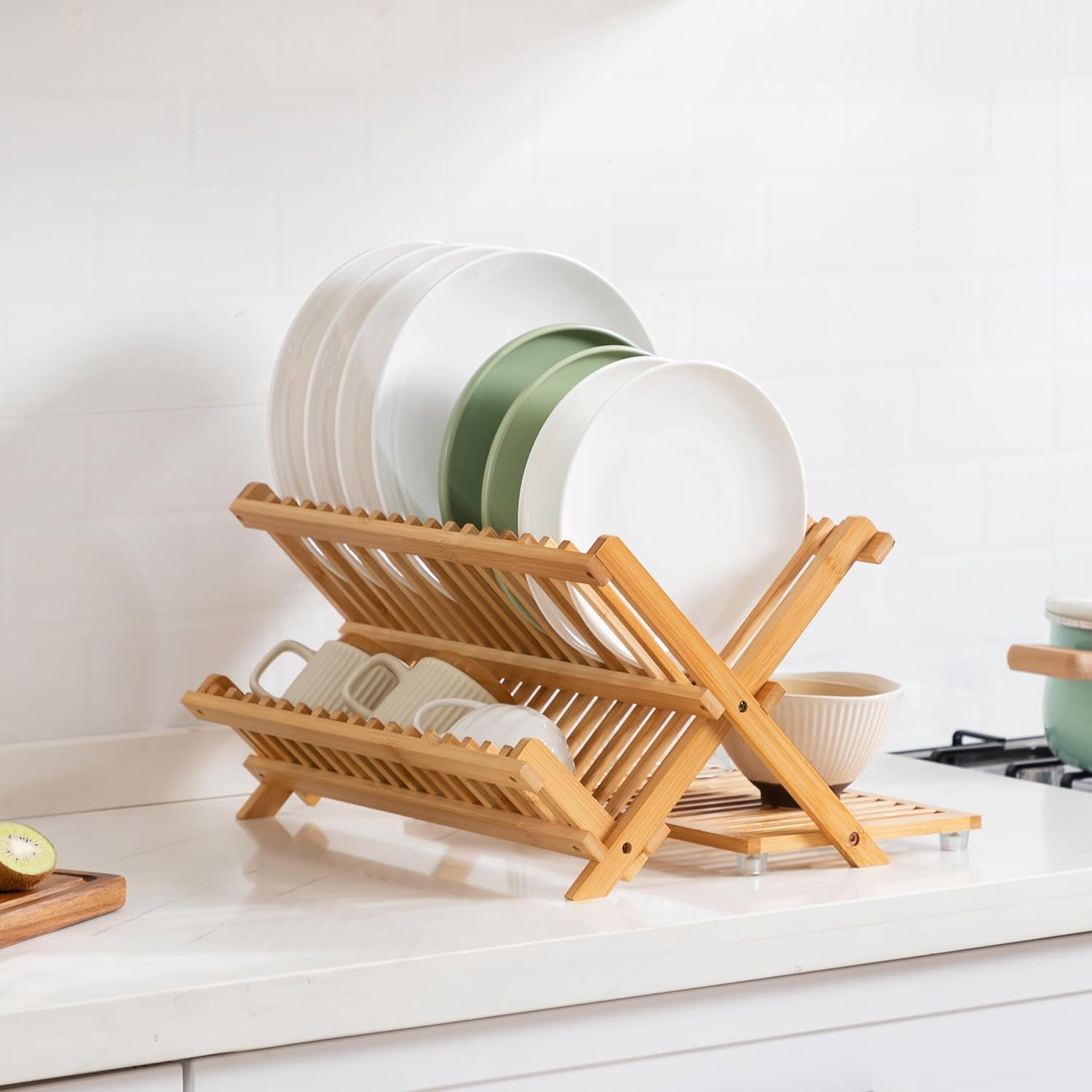 Bamboo Dish Drying Rack with Utensil Holder, 3 Tier Collapsible Dish Rack for Kitchen Counter, Large Folding Drying Holder, Dish Drainer, Kitchen Organizers and Storage