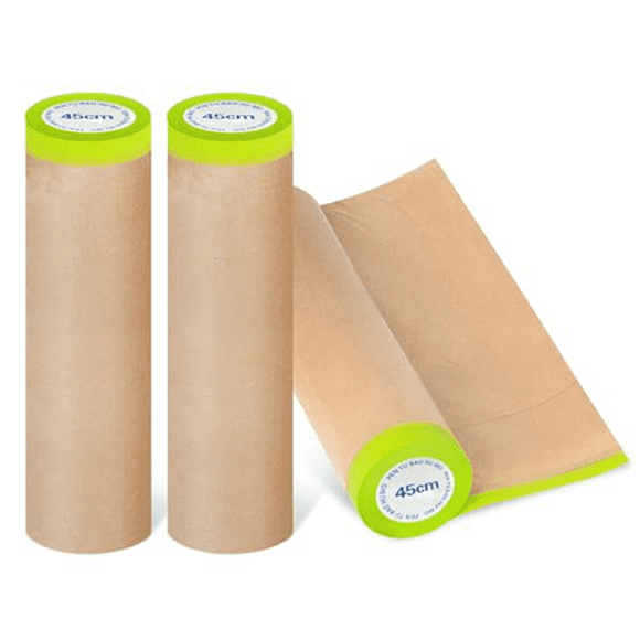 Pre-Taped Masking Paper for Painting, 18 Inchx50 Feet Paint Masking Paper, Tape and Drape Painters Paper, (3 Rolls)