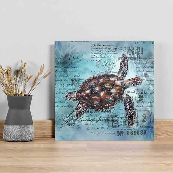 Coastal Sea Turtle Wall Art Painting on Canvas, Blue Nautical Summer Beach Vintage Canvas Art Home Prints Wall Art Framed Modern Artwork for Living Room Bedroom Wall Decor 16x16in