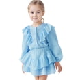 thumbnail image 4 of LIIPEE Girls Outfit Sets Casual Solid Color Ruffle Trim Puff Long Sleeve Crew Neck Button Down Shirt Pleated Skirt 2 Piece Set Children Kids Comfortable Breathable Cute Clothing,Blue,9-10 Years, 4 of 9
