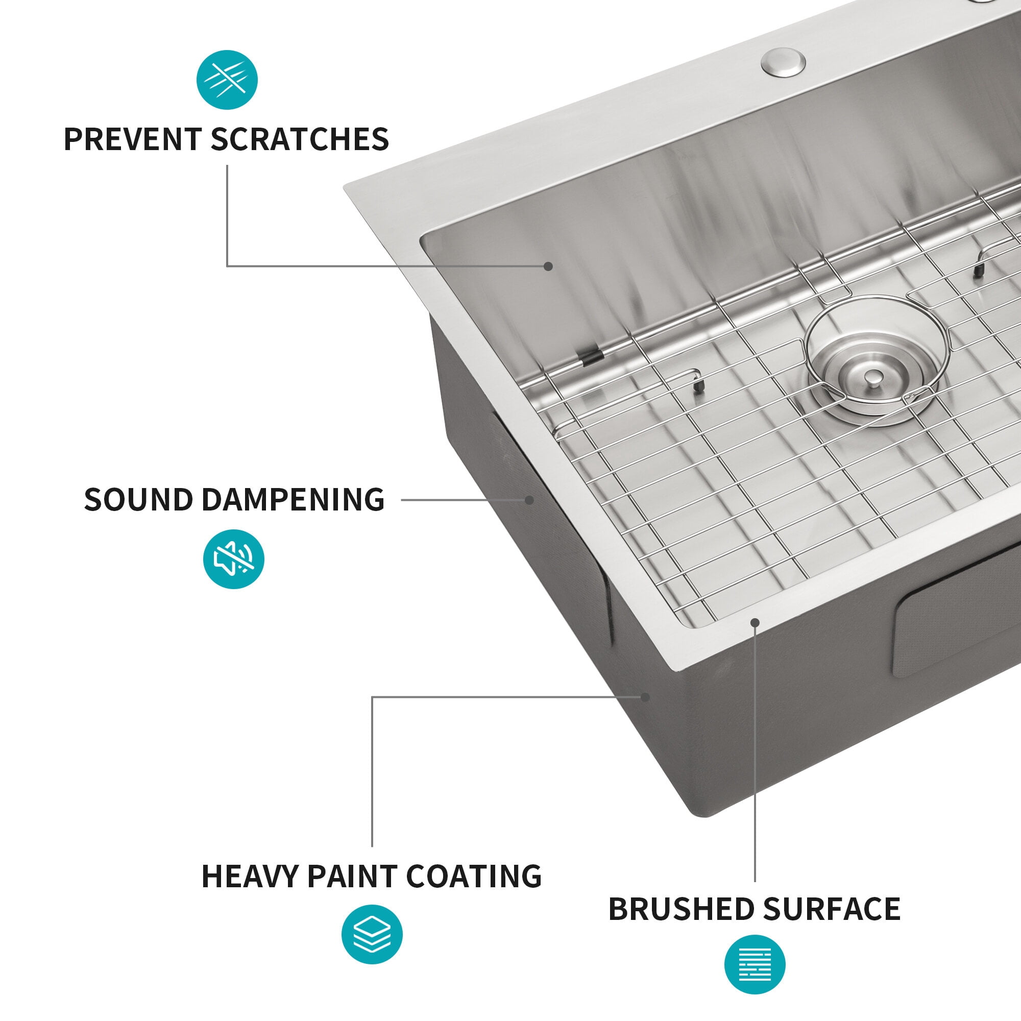 DUOSONG 30X22 Inch Kitchen Sink Drop In 16 Gauge Stainless Steel 30" Single Bowl Topmount Kitchen Sink Basin Brushed Nickel Stainless Steel Kitchen Kitchen Sinks