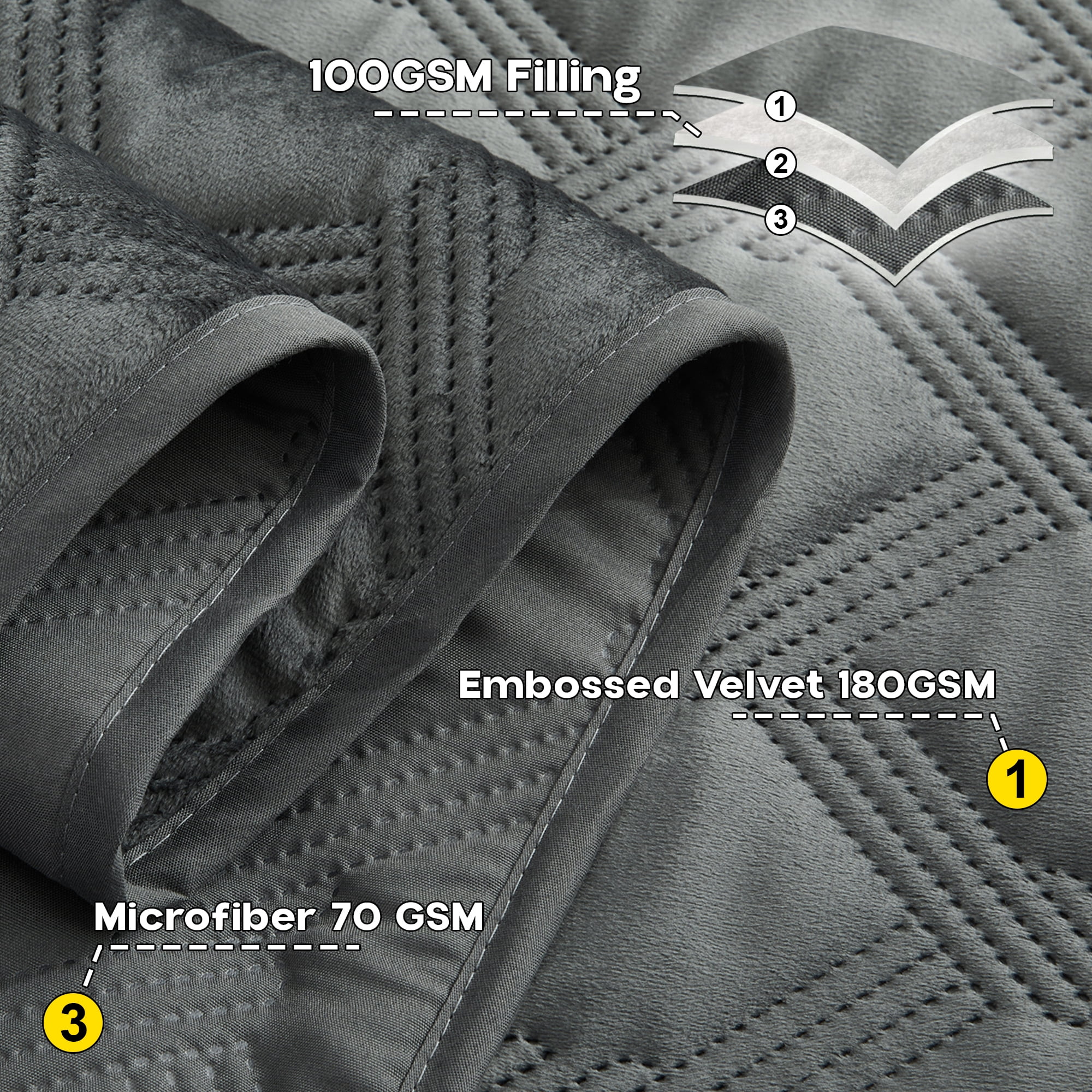 Ameha Velvet Quilt Set 3 Piece Geometric Ultrasonic Embossed Bedspread Reversible 350GSM Soft Microfiber Bedding Grey Full/Queen