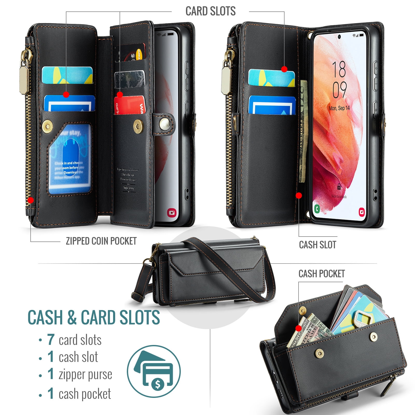 Asuwish Compatible with Samsung Galaxy S21 5G 6.2 inch Zipper Wallet Phone Case Tempered Glass Screen Protector Crossbody Lanyard Strap Flip Card Holder Slot Cell Cover for S 21 21S G5 Women Black