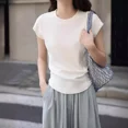 thumbnail image 2 of En stock, camiseta elegante adelgazante de manga corta blanca para mujer, top informal de cuello redondo, línea de hueso adelgazante de verano, 2 of 4