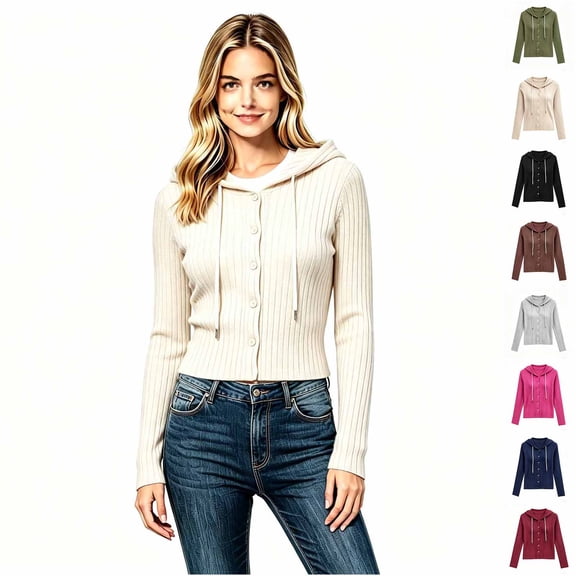 Women's Button Front Ribbed Knit Hooded Cardigan, Drawstring Long Sleeve Casual Lightweight Sweater for Women, Sizes S-2XL