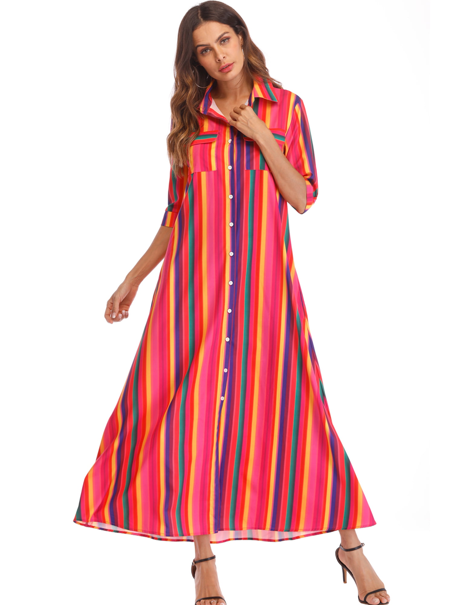 SAYFUT Womens Loose Fit Shirt Long Dress Rainbow Button Down Roll up ...