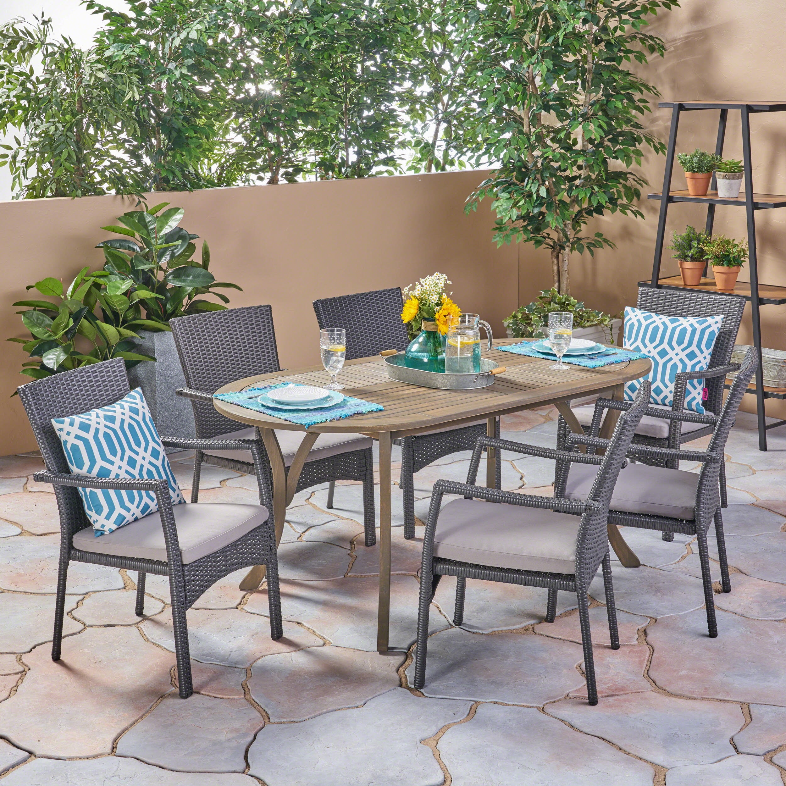 Lyndell Outdoor 7 Piece Acacia Wood Dining Set with Wicker Chairs and ...
