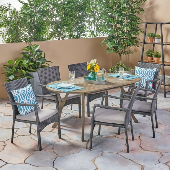 Lyndell Outdoor 7 Piece Acacia Wood Dining Set with Wicker Chairs and Cushions, Gray, Gray, Gray
