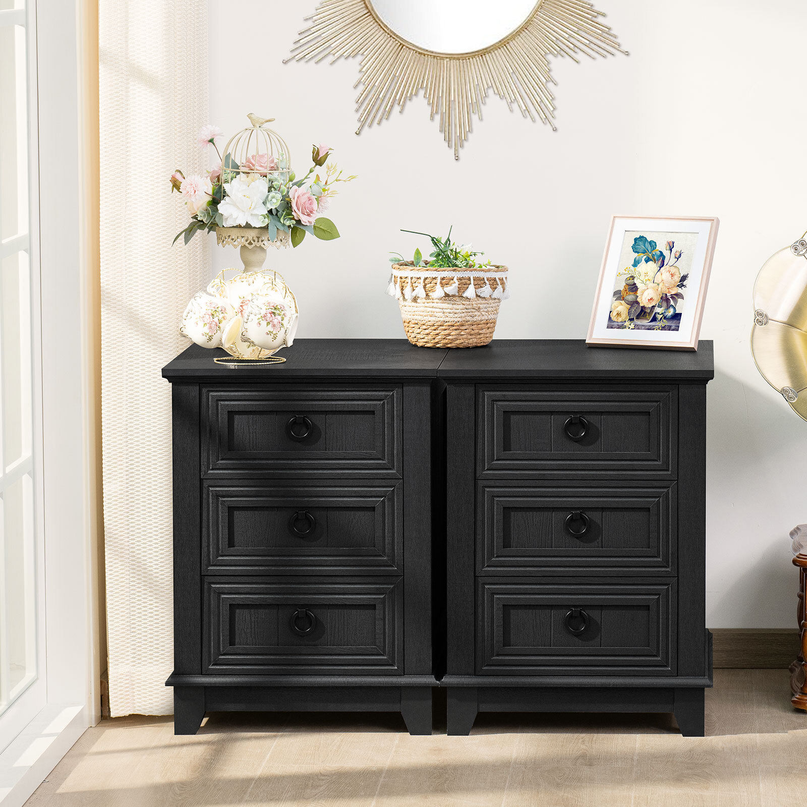 Joaxswe Nightstand, Modern 3 Drawer Nightstand, Black Nightstand with Ring Handle, Wooden Side Table Storage Cabinet Unit for Bedroom/Living Room
