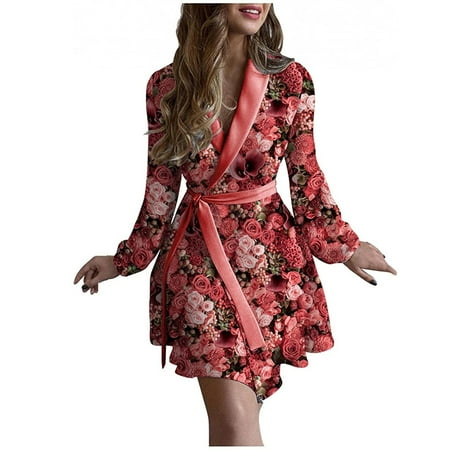 

Cardigan Clearance Women Casual Turn-Down Collor Print Long Sleeve Dress Cardigan Pajamas Loose Dress Red S Y3Y