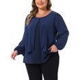 thumbnail image 4 of Agnes Orinda Women's Plus Size Chiffon Tops Layered Panel Flowy Round Neck Long Sleeve Dressy Elegant Blouse 4X Dark Blue, 4 of 6