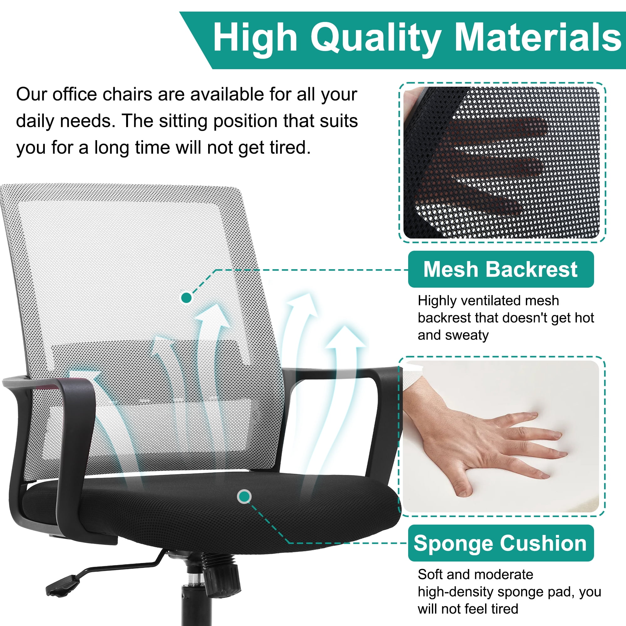 BestOffice Mesh Lumbar Support Indoor Swivel Ergonomic Office Chair, Gray