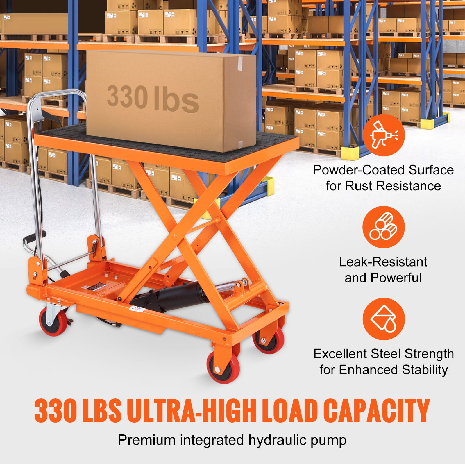 KFFKFF Hydraulic Lift Table Cart, 330lbs Capacity, 28.5" Max Height, Manual Single Scissor Lift with Wheels and Non-slip Surface for Material Handling and Transport
