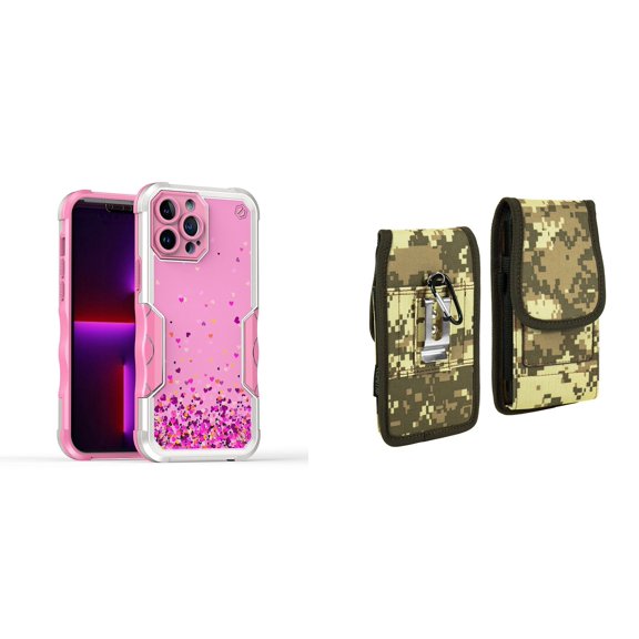 Case and Pouch Bundle for iPhone 14: Heavy Duty Armor Rugged Case (Pink Floating Hearts) and Vertical Rugged Nylon Belt Holster (Digital Camo)