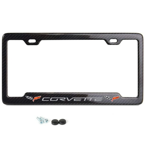 C6 Corvette License Plate Frame Carbon Fiber Gray Script w/Flags & Notched Frame