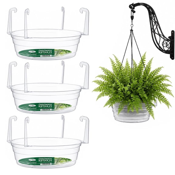 Clear Hanging Drip Trays 3 Pack, 8/10/12 Inch Pot Saucers w/Hooks, Weatherproof Water Catcher, Reusable Pan for Indoor/Outdoor Garden/Patio, Prevents Leaks & Floor Stains