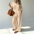 thumbnail image 6 of Linen Blend Long Sleeve Button Down Set for Women, Notched Collar Shirt & Wide Leg Pants - Casual Solid Color Two Piece Lounge Outfit with Pockets Khaki L, 6 of 6