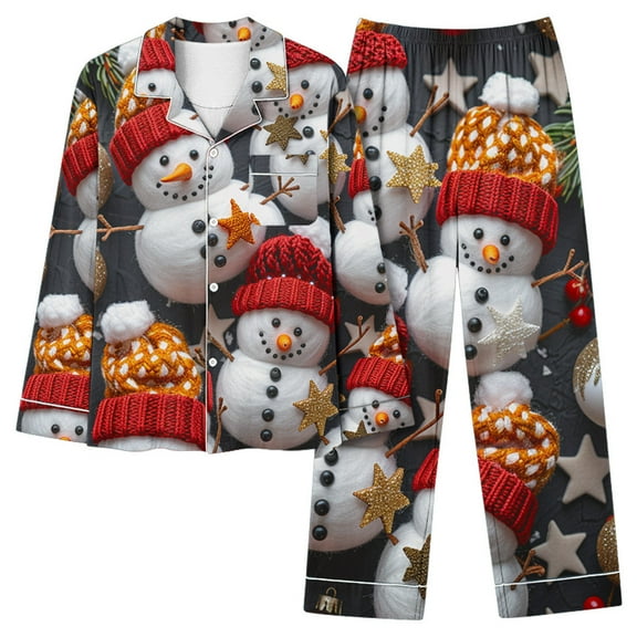 Cavosen Christmas 2 Piece Cotton Pajamas for Women Lapel Long Sleeve and Elastic Waist Pants Breathable Sleepwear Santa Printed Warm Cute