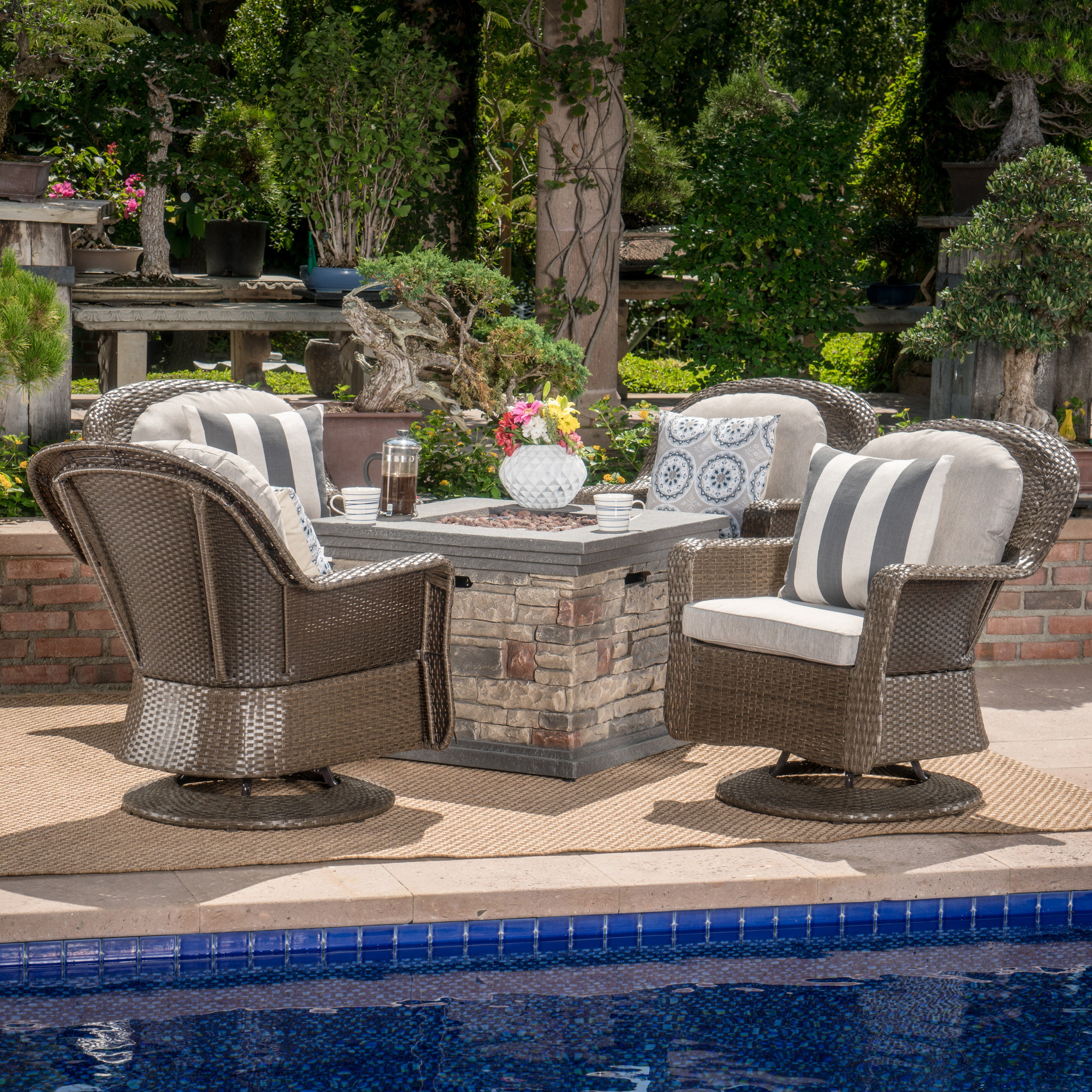 Alameda Outdoor 5 Piece Wicker Swivel Club Chairs with Gas Burning Fire