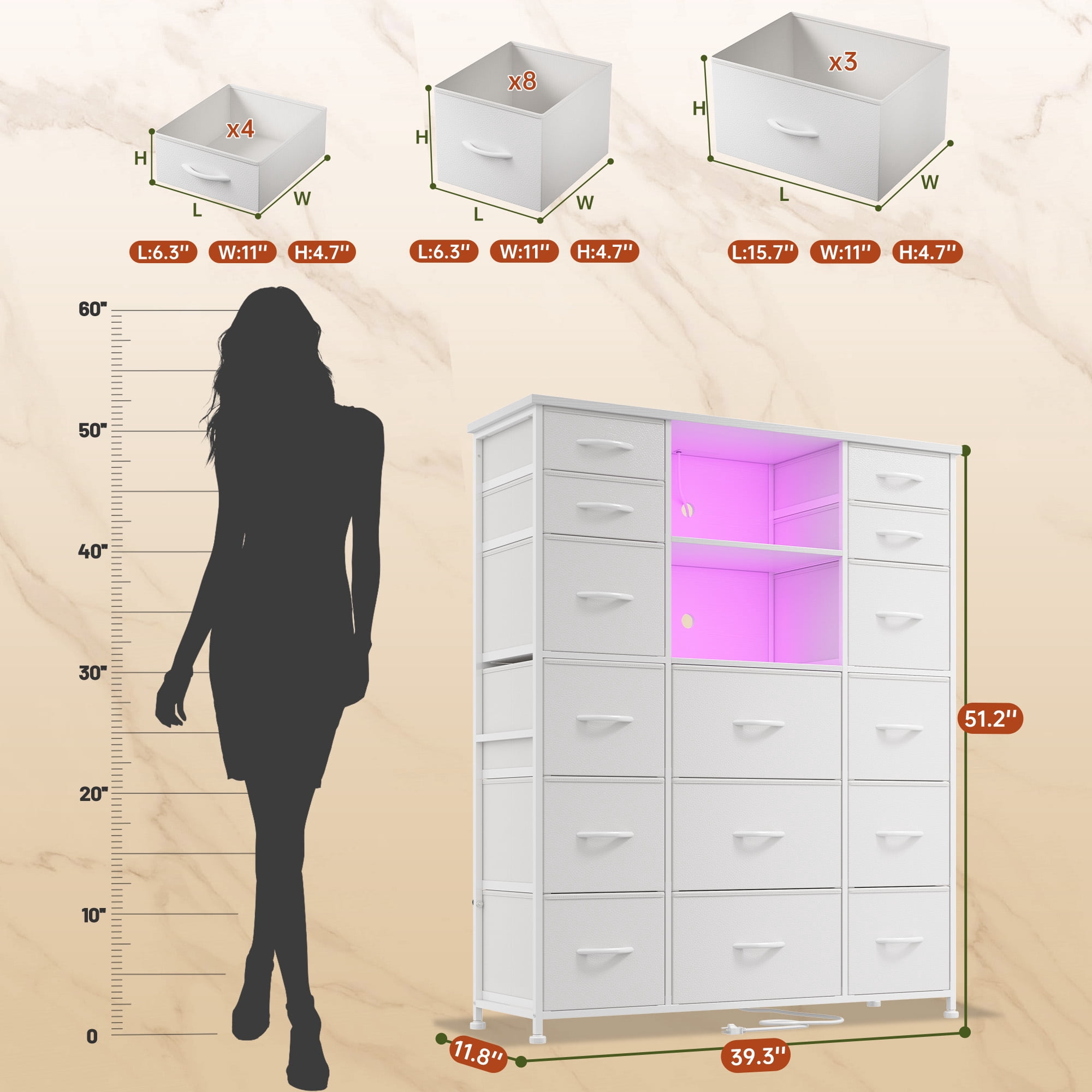 EnHomee 15 Drawer White Dressers for Bedroom with LED Lights Power Outlet Tall Dressers&Chest of Drawers,39"L x 12"W x 51"H