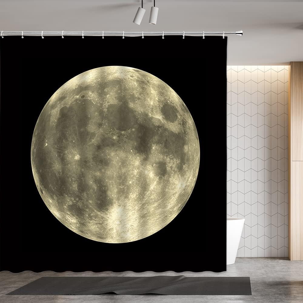 Full Moon Shower Curtain Mysterious Gray Planet Black Background Bathroom Decor Fabric Curtains with Hook 35Wx70H Inches