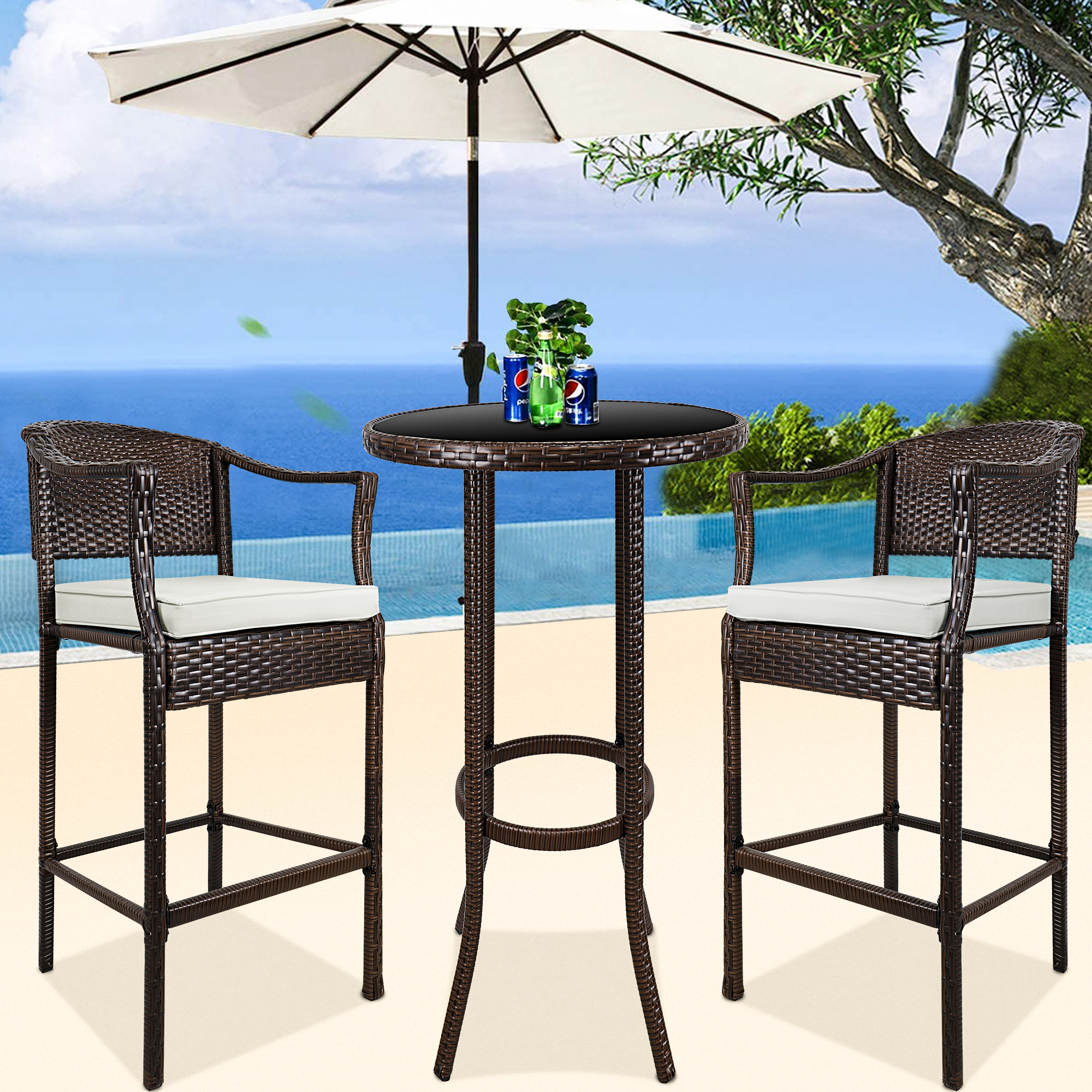 Patio Bistro Set, 3 Piece Outdoor Bar Table and Stools Set, 2 Patio Cushioned Bar Chairs with 1 High Glass Top Table, All Weather PE Rattan Furniture Set for Garden Yard Balcony Poolside Cafe, B16 - image 2 of 9