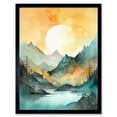 thumbnail image 1 of Sun Rising Over Mountain Lakeside Landscape Modern Pastel Teal and Orange Watercolour Painting Art Print Framed Poster Wall Decor 12x16 inch, 1 of 5