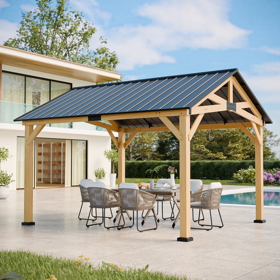 EAGLE PEAK 11x13 Hardtop Wooden Gazebo, Exposed Beam Rustic Gazebo Pavilion with Galvanized Steel Gable Roof and Cedar Wood Frame for Patio, Deck, Lawn and Garden，Black