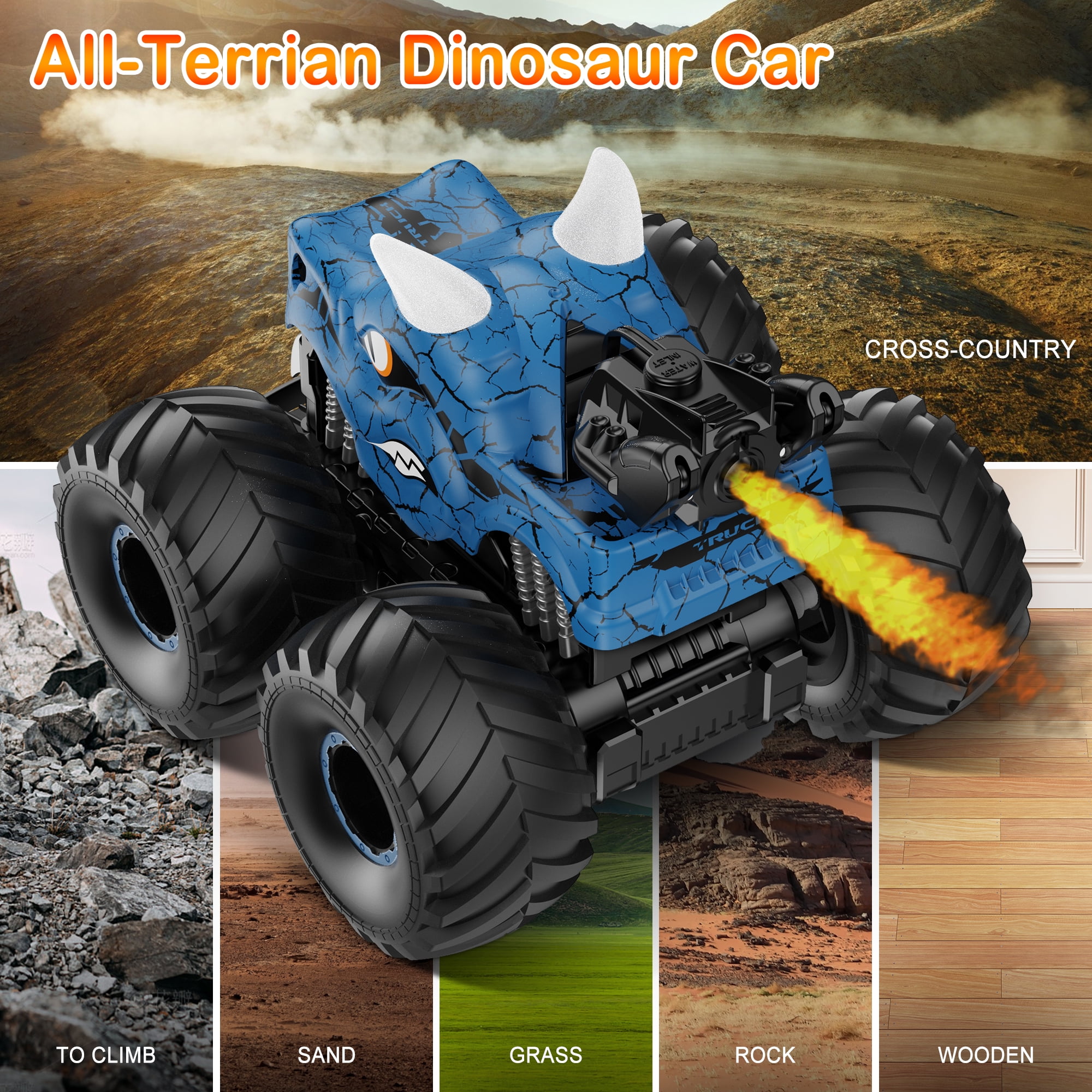 UUGEE Remote Control Dinosaur Car Toys for Boys, 2.4GHz RC Monster Trucks for Boy with Spray, Light & Sound, 360° Rotating All Terrain RC Cars Toys Christmas Birthday Gifts for 5 6 7 8 Kids - Blue